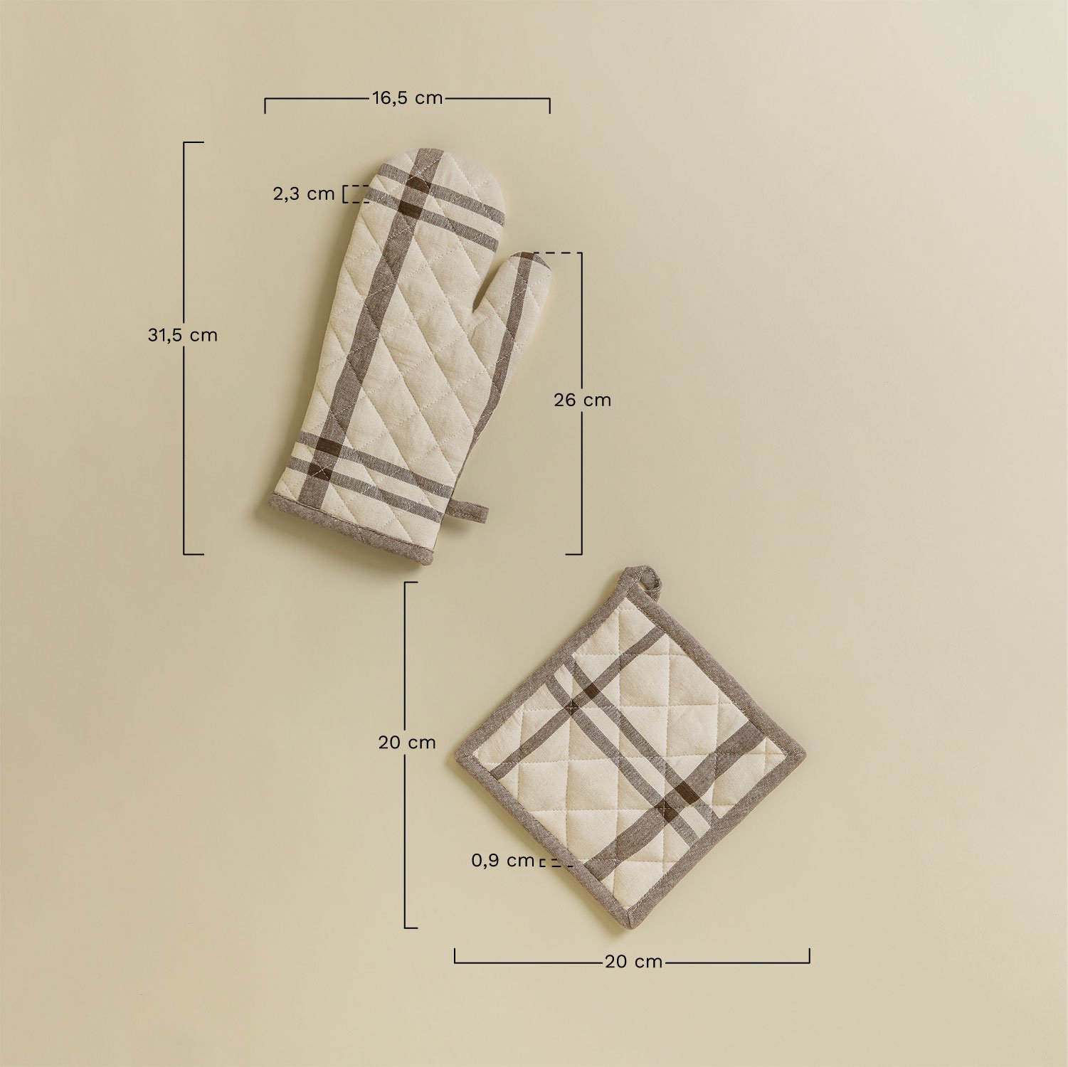 Set van ovenhandschoen en doek Ducase, AFMETINGEN