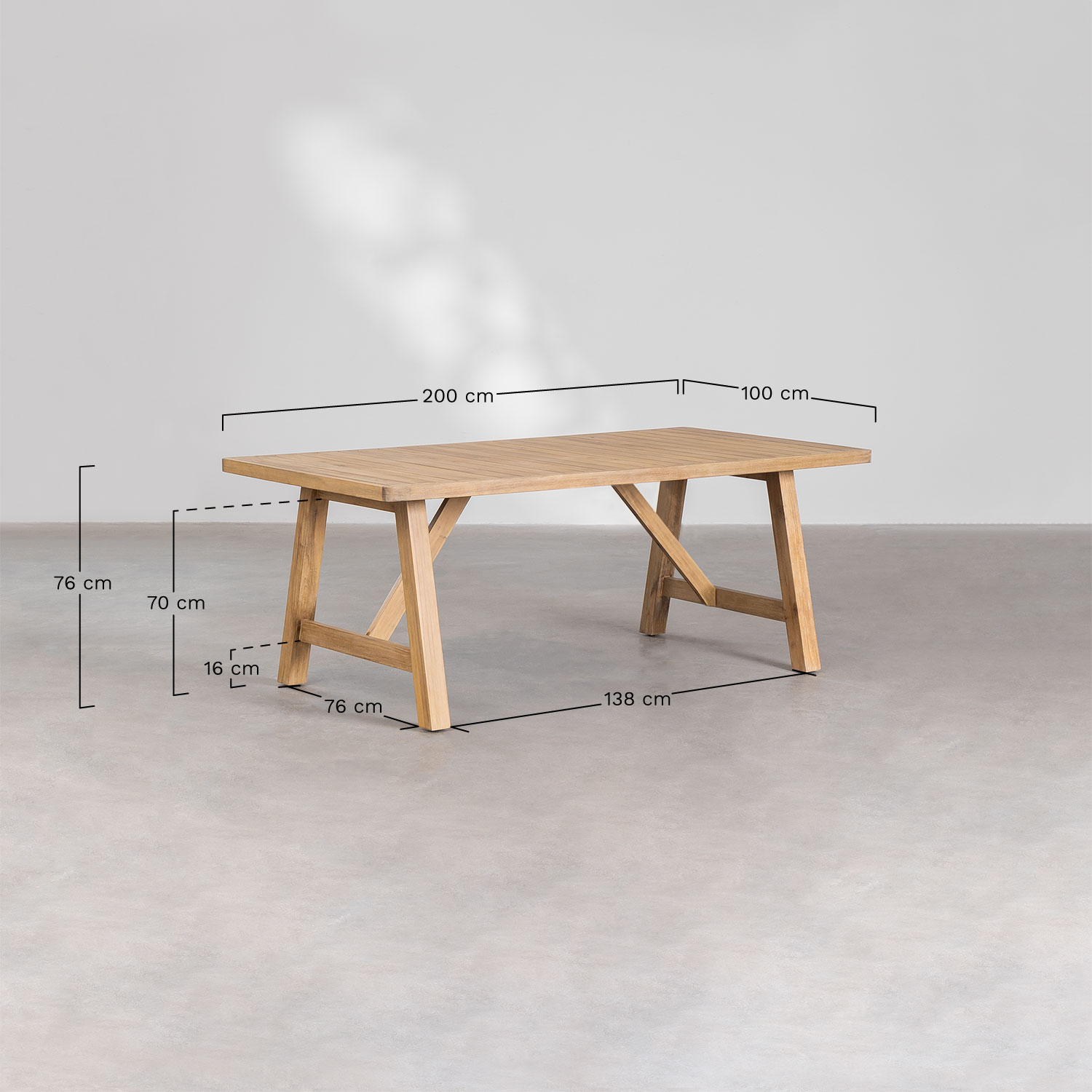 Rechthoekige tafelset 200x100 cm en 8 eetkamerstoelen van acaciahout Dubai, AFMETINGEN