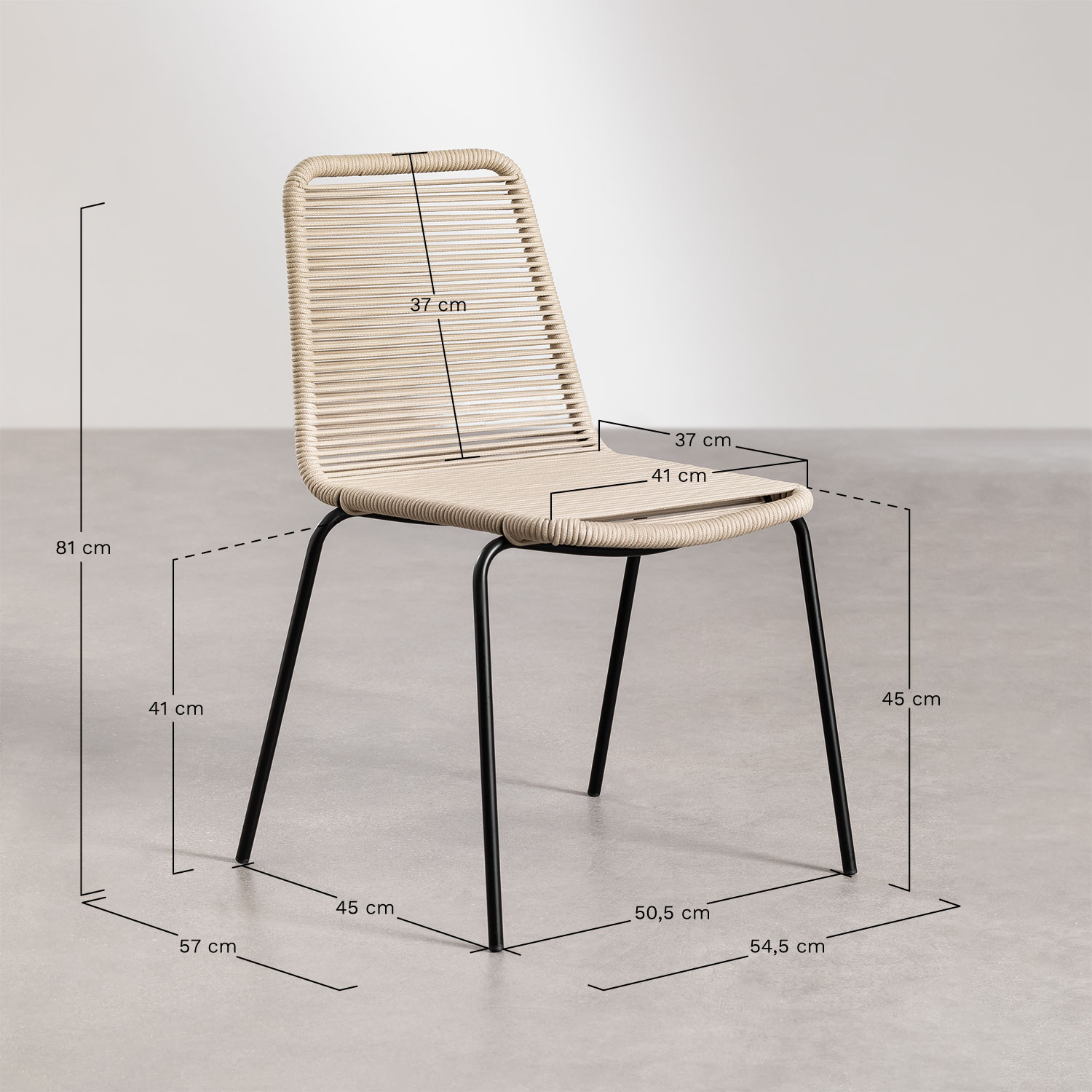 Set van 2 stapelbare tuinstoelen van ijzer en gevlochten touw Mileyd, AFMETINGEN