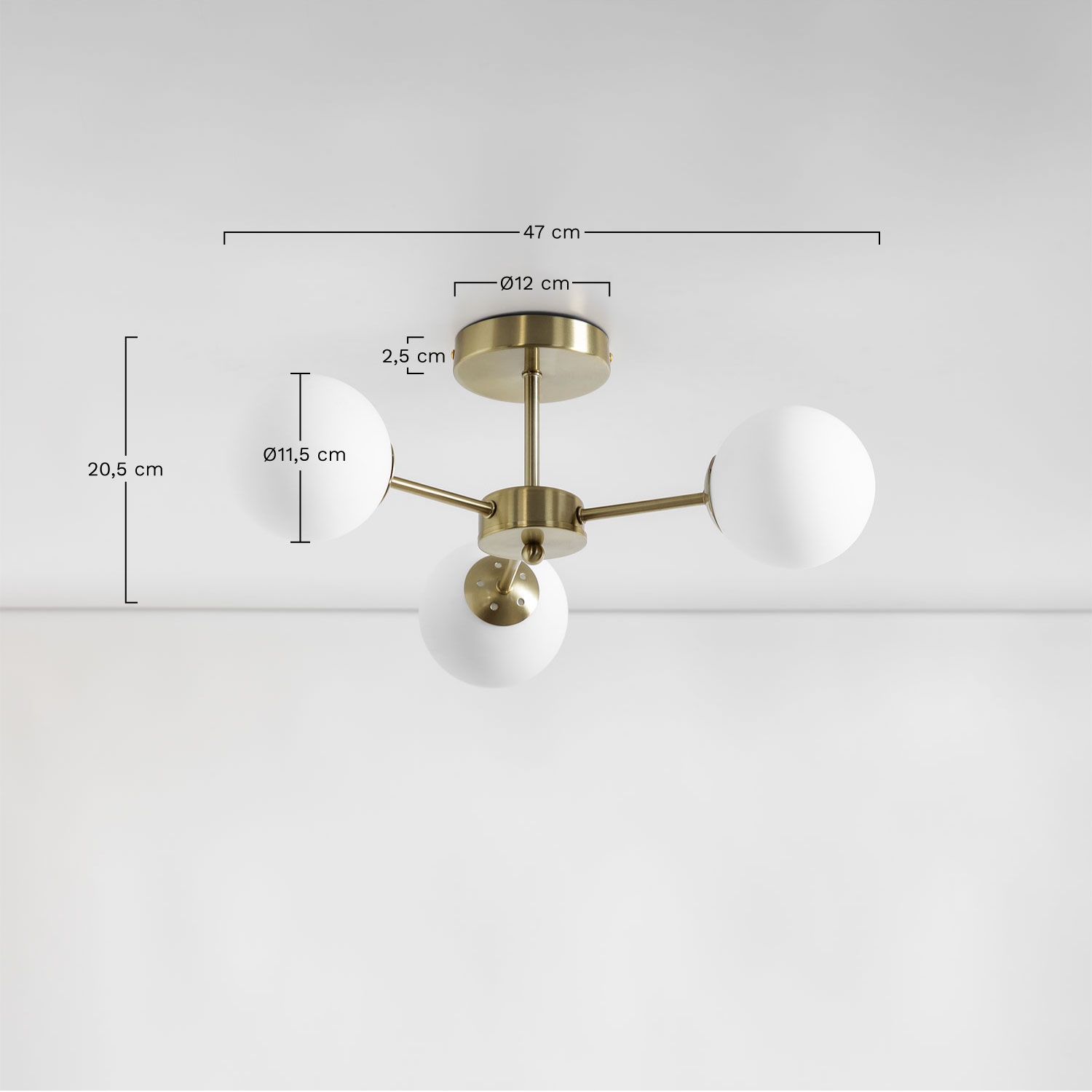 IJzeren plafondlamp met 3 Uvol glazen bollen, AFMETINGEN