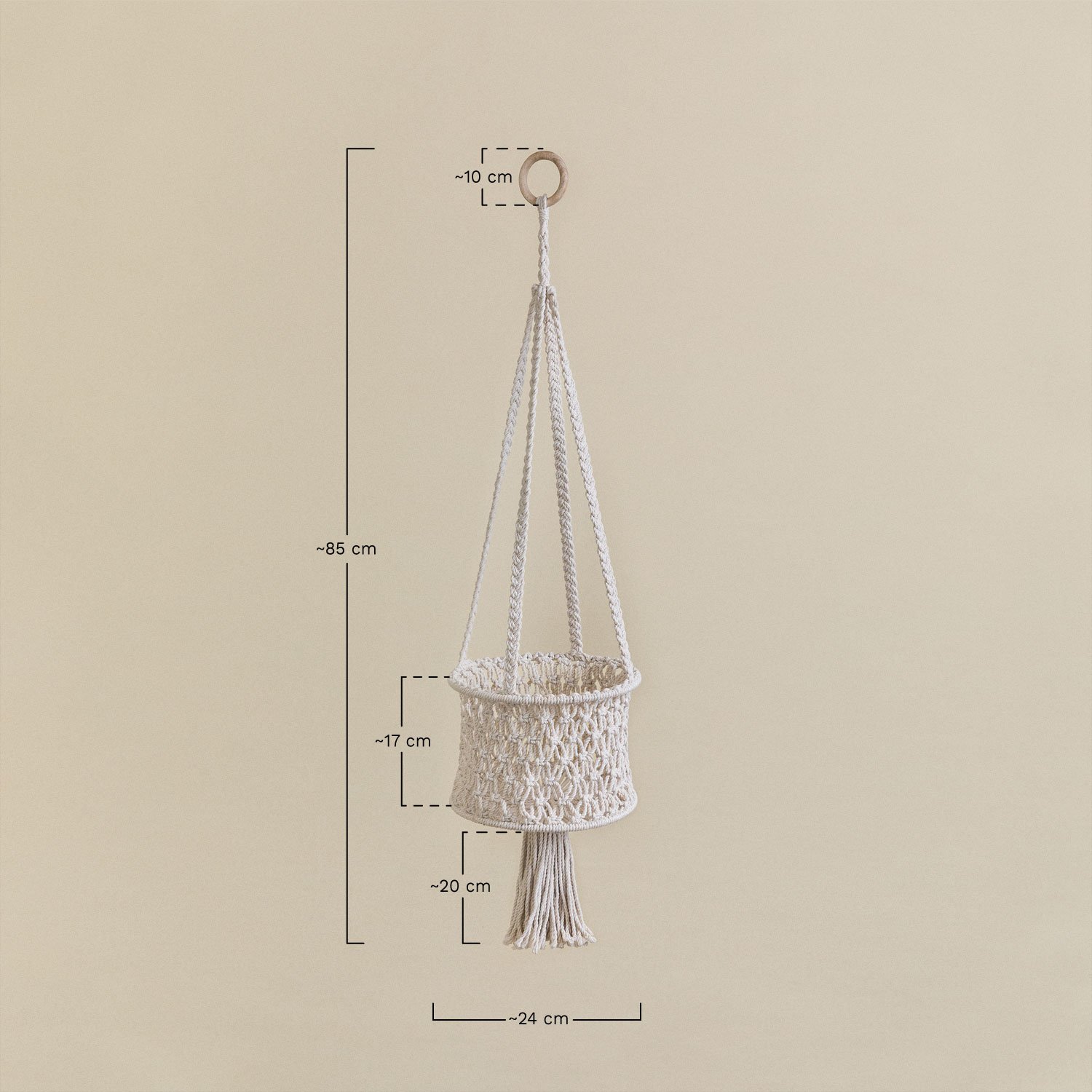 Macrame hangende plantenbak Mitridas, AFMETINGEN