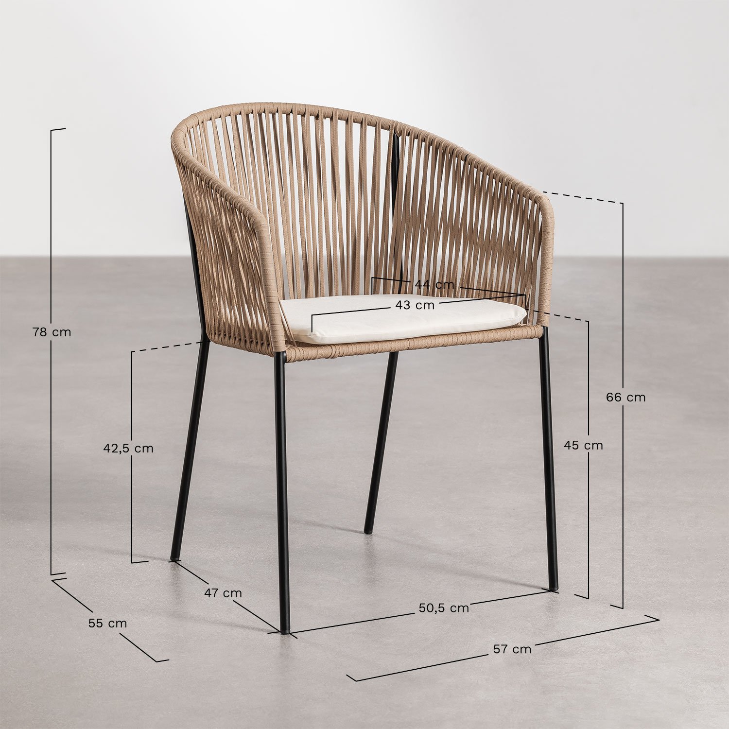 Set van 4 eetkamerstoelen met armleuningen van ijzer en gevlochten touw Jocelyn, AFMETINGEN