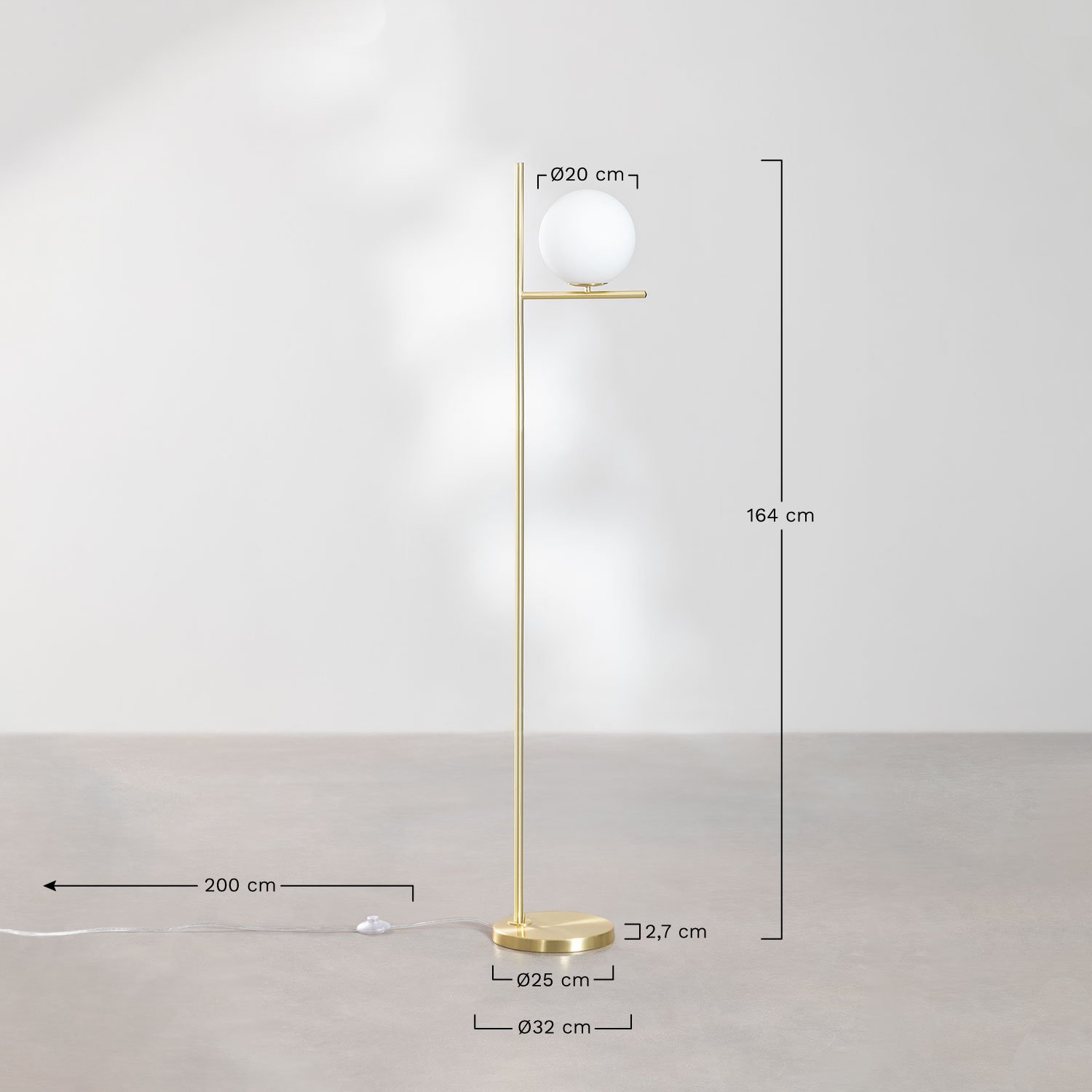 IJzeren vloerlamp met Garland glazen bol, AFMETINGEN