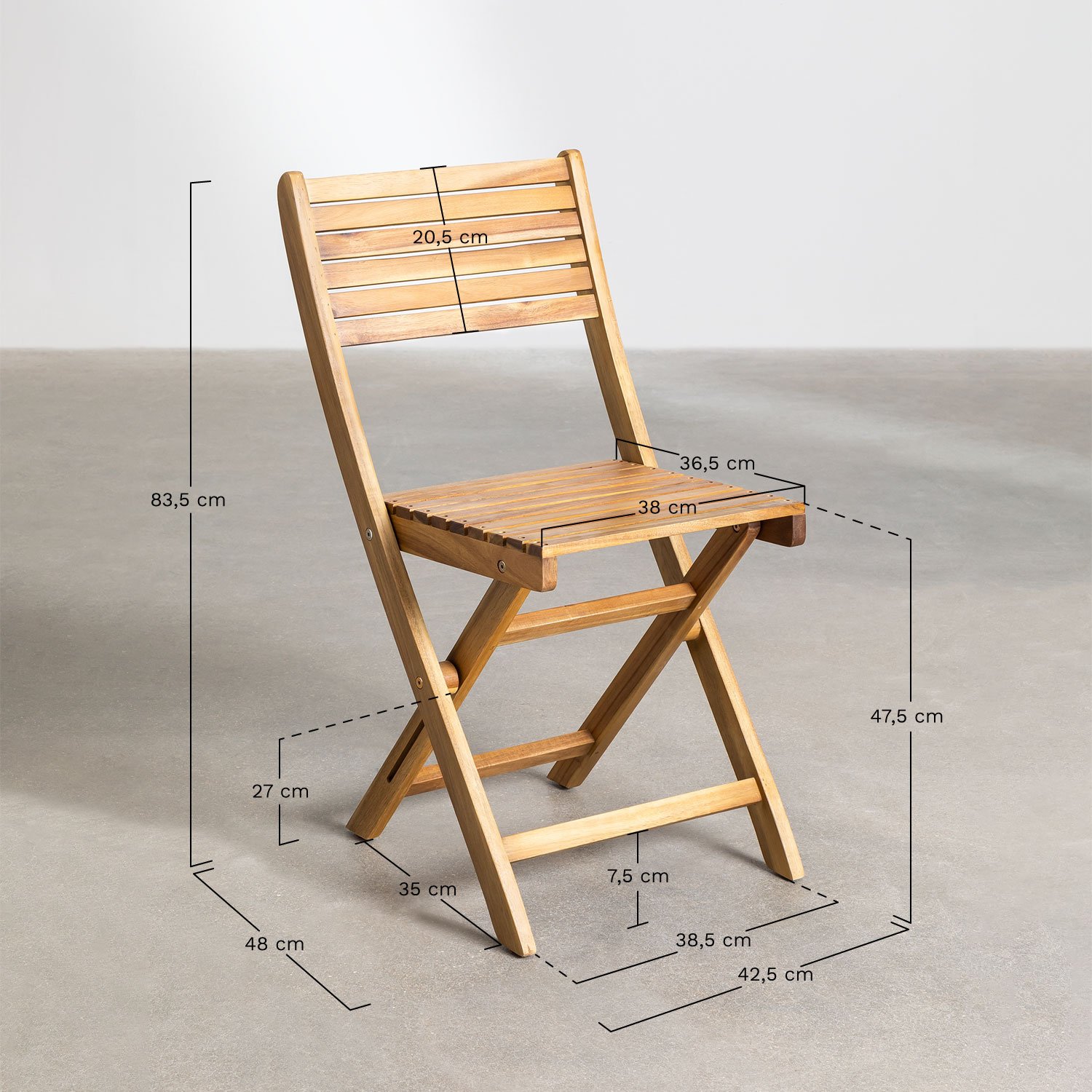 Vierkante tafelset (60x60 cm) en 2 opvouwbare tuinstoelen in acaciahout Delawer   , AFMETINGEN