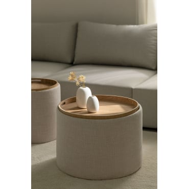 Berkeleni Ronde Salontafel Met Gestoffeerd Blad En Opbergruimte Ø55 Cm & Linnen Beige – Crème - Sklum