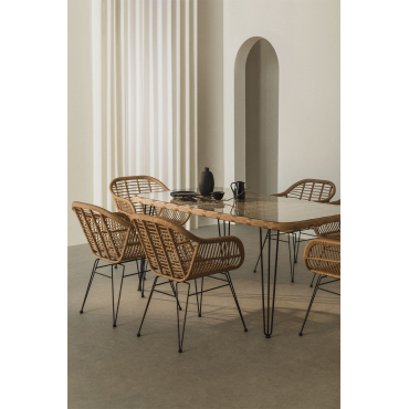 Leribert Rechthoekige Tafelset Van Synthetisch Rieten (180x90 Cm) En 6 Zole Eetkamerstoelen Van Synthetisch Rieten Natuurlijk - Sklum