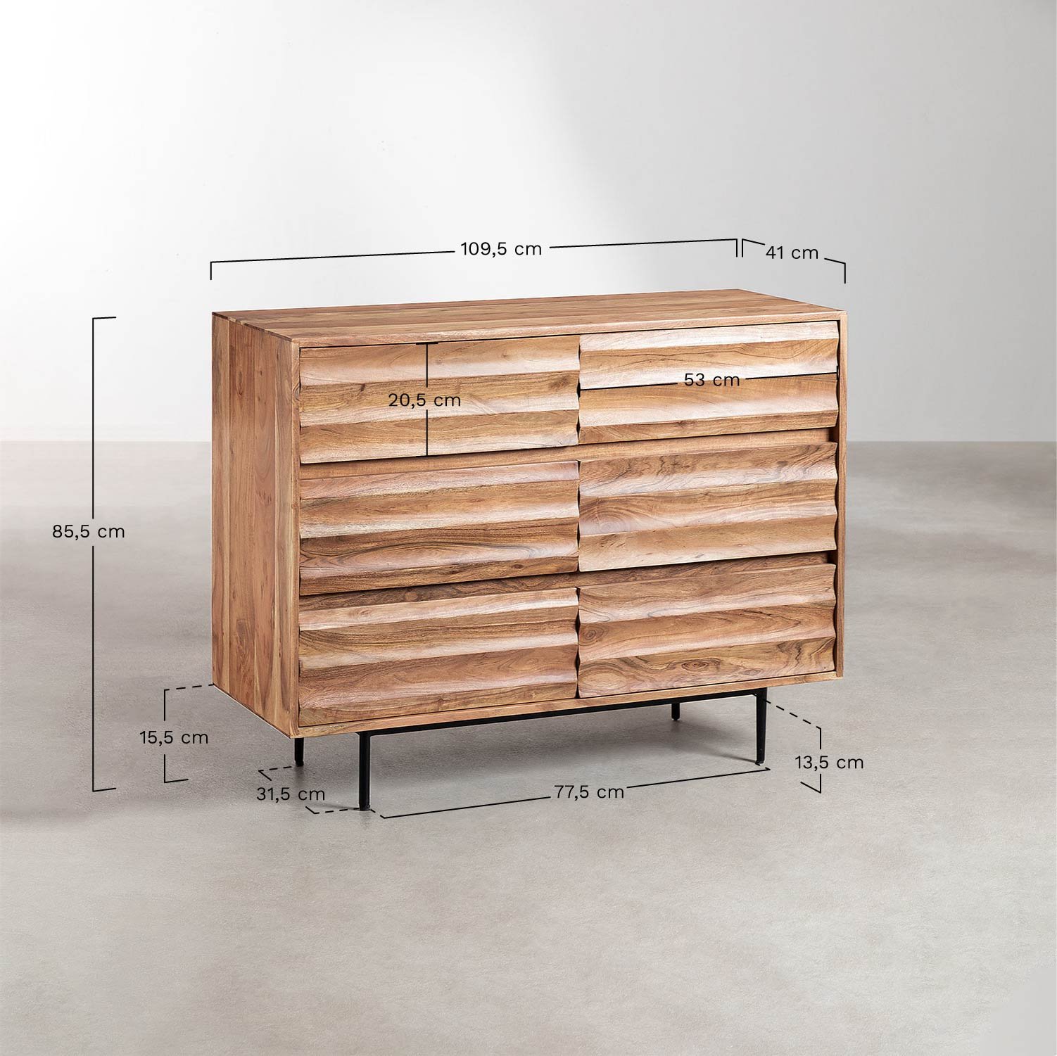 Petter dressoir in acaciahout, AFMETINGEN