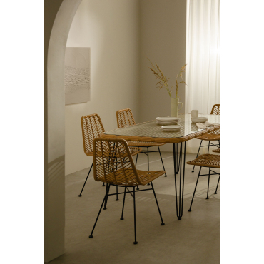 Rechthoekige Tafelset In Synthetisch Riet (180x90 Cm) Leribert En 6 Eetkamerstoelen In Synthetisch Rotan Naturel Gouda Natuurlijk - Sklum