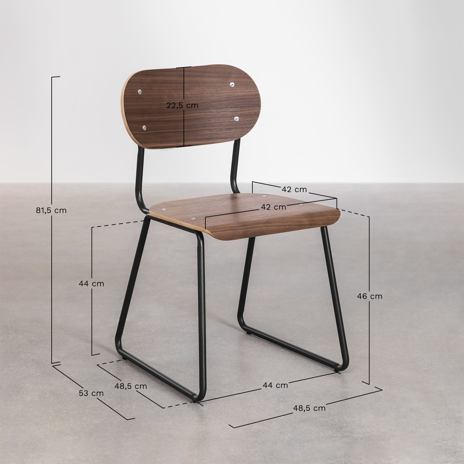 Set van 4 Jodie eetkamerstoelen van walnootfineer, AFMETINGEN