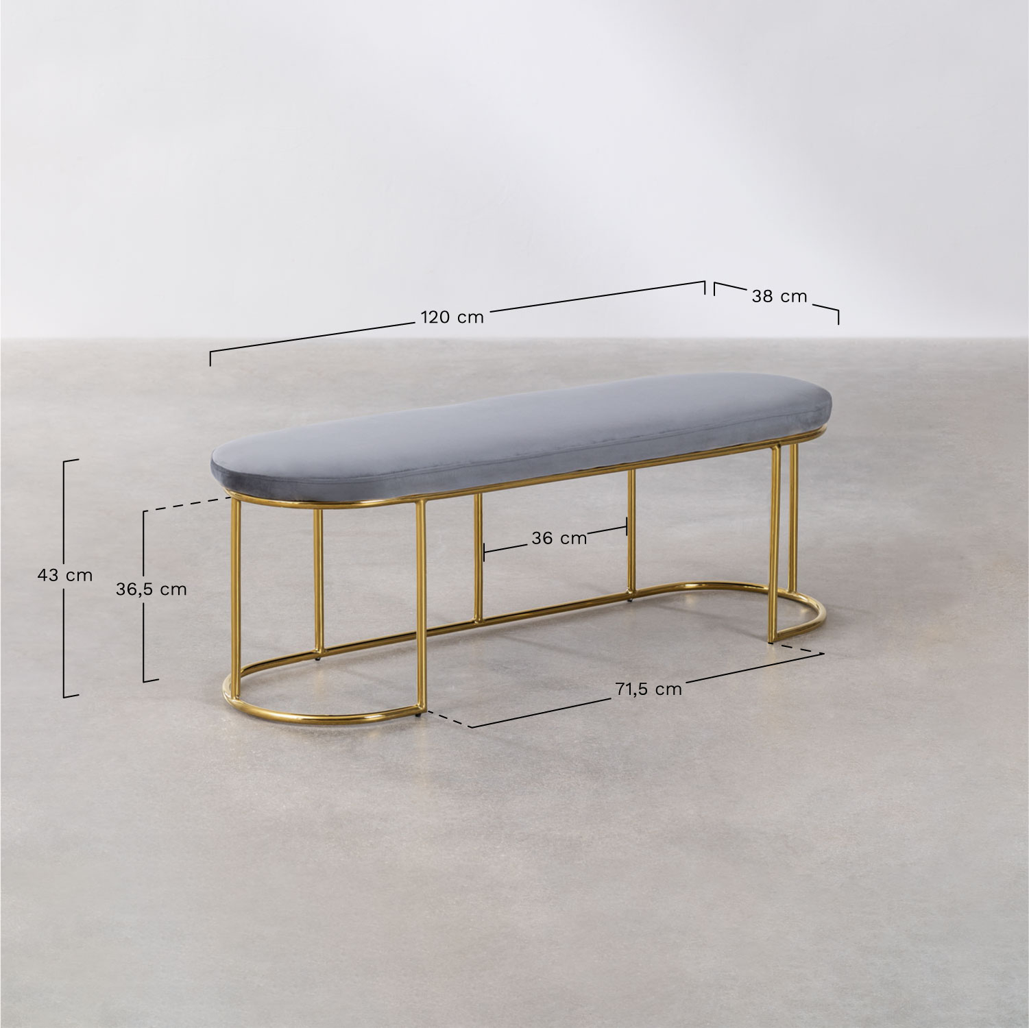 Bank in fluweel Markina, AFMETINGEN