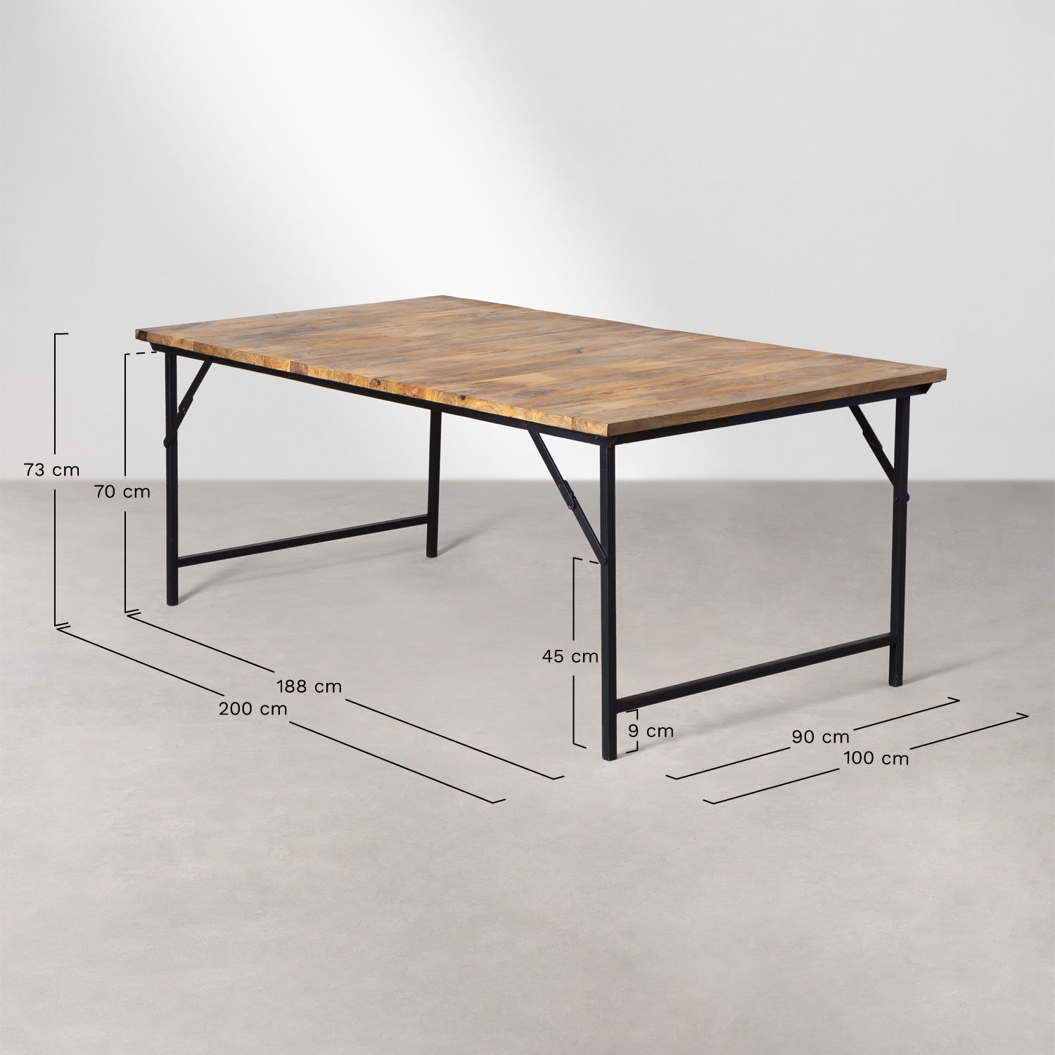 Rechthoekige eettafel 200x100 cm opvouwbaar in mangohout en ijzer, AFMETINGEN