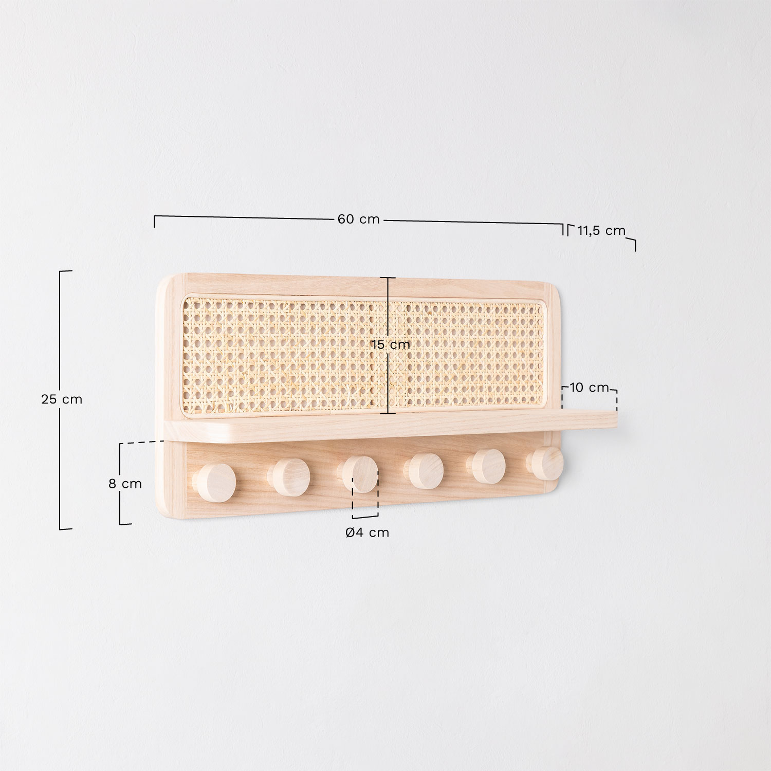 Riley wandkapstok met rotan plank, AFMETINGEN
