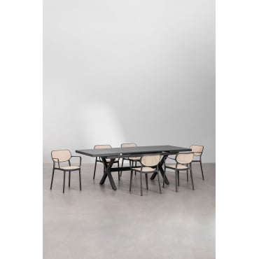 Set Uitschuifbare Rechthoekige Aluminium Tuintafel (180-240x90 Cm) Karena En 6 Tuinstoelen Met Armleuningen Omara Grijs – Grafiet - Sklum