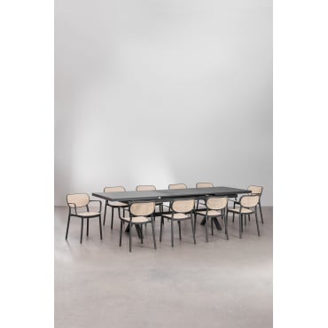Set Uitschuifbare Rechthoekige Aluminium Tuintafel (240-300x100 Cm) Karena En 10 Tuinstoelen Met Armleuningen Omara Grijs – Grafiet - Sklum