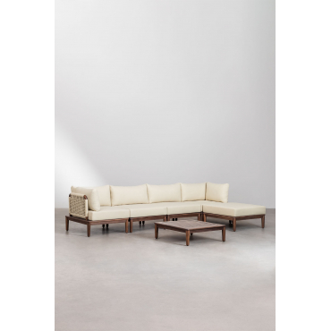 Tuinset Met 4-delige Modulaire Bank Met 2 Hoekfauteuils, Salontafel En Poef In Giulia Acaciahout Beige – Crème - Sklum