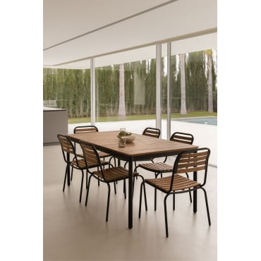 Rechthoekige Tafelset 160x90 Cm En 6 Stapelbare Eetkamerstoelen In Staal En Acaciahout Artus Zwart - Sklum
