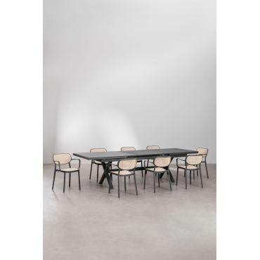 Set Uitschuifbare Rechthoekige Aluminium Tuintafel (240-300x100 Cm) Karena En 8 Tuinstoelen Met Armleuningen Omara Grijs – Grafiet - Sklum