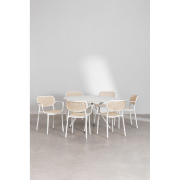 Set Van Ronde Aluminium Tafel (ø126 Cm) Valerie En 6 Tuinstoelen Met Armleuningen Omara Gardenia Wit - Sklum