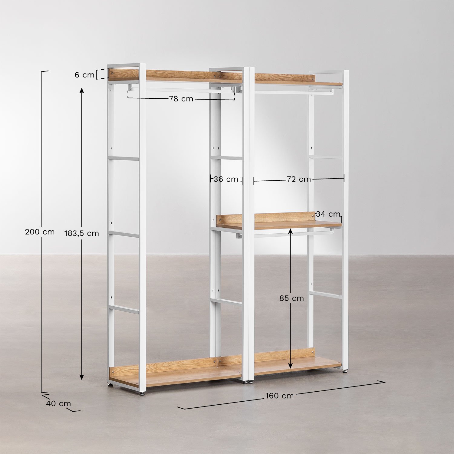 Open modulaire kast van 2 delen met stalen kledingroede en MDF Ariaster, AFMETINGEN