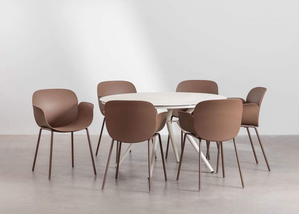 Ronde tafelset Ø125 cm in aluminium Valerie en 6 tuinstoelen in polypropyleen en staal Lynette