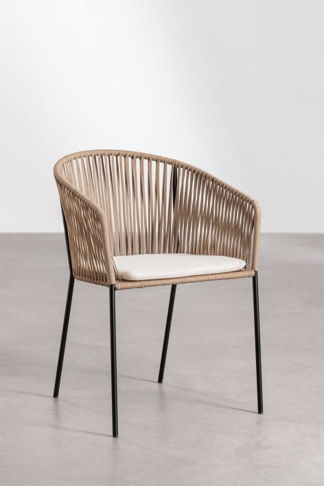 Set van 4 eetkamerstoelen met armleuningen van ijzer en gevlochten touw Jocelyn