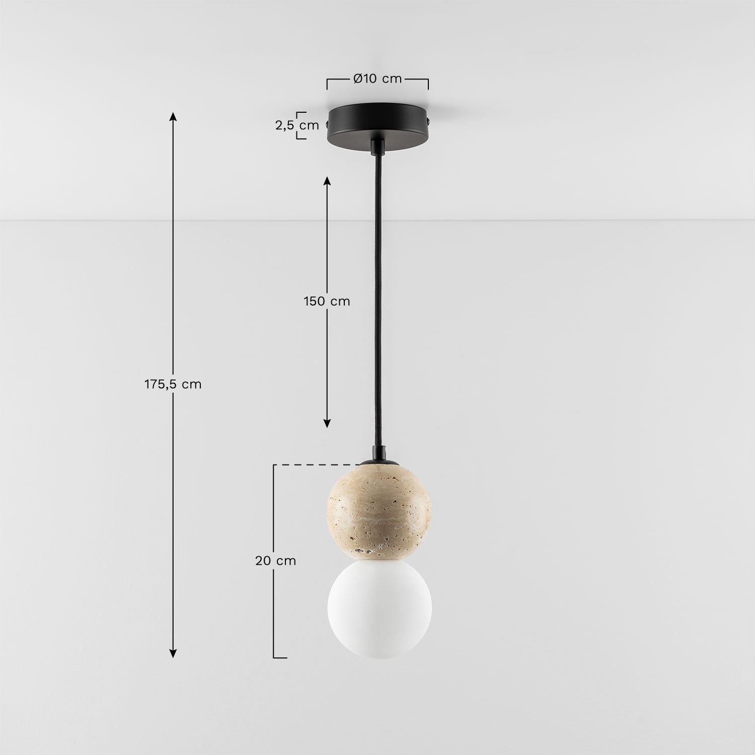 Davise hanglamp Ø10 cm in travertin met glazen bol, AFMETINGEN
