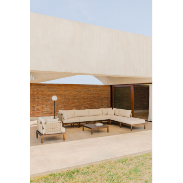 Tuinset Met 5-delige Modulaire Hoekbank, Salontafel, Poef En Fauteuil In Giulia Acaciahout Beige – Crème - Sklum