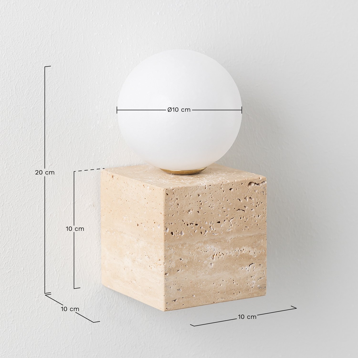 Vierkante wandlamp in travertijn met glazen bol Davise, AFMETINGEN