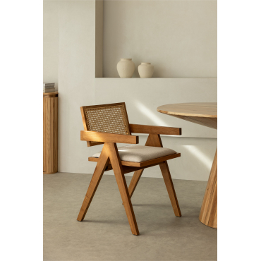 Set Van 4 Gestoffeerde Eetkamerstoelen Met Armleuningen In Essenhout En Rotan Lali Ash Brown - Sklum