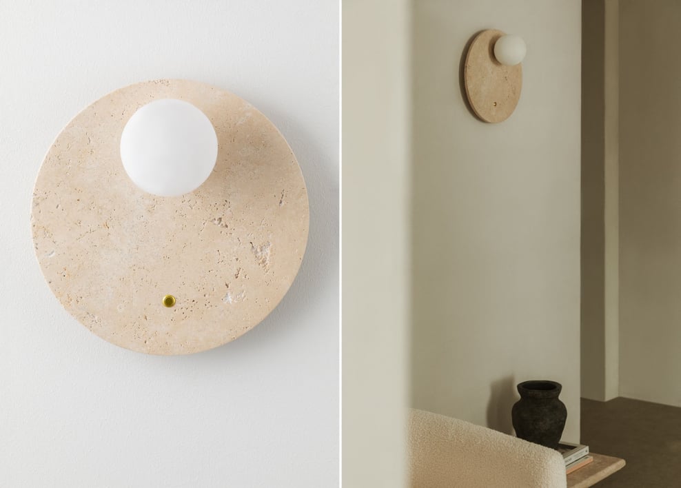 Wandlamp Ø30 cm in travertijn met glazen bol Davise