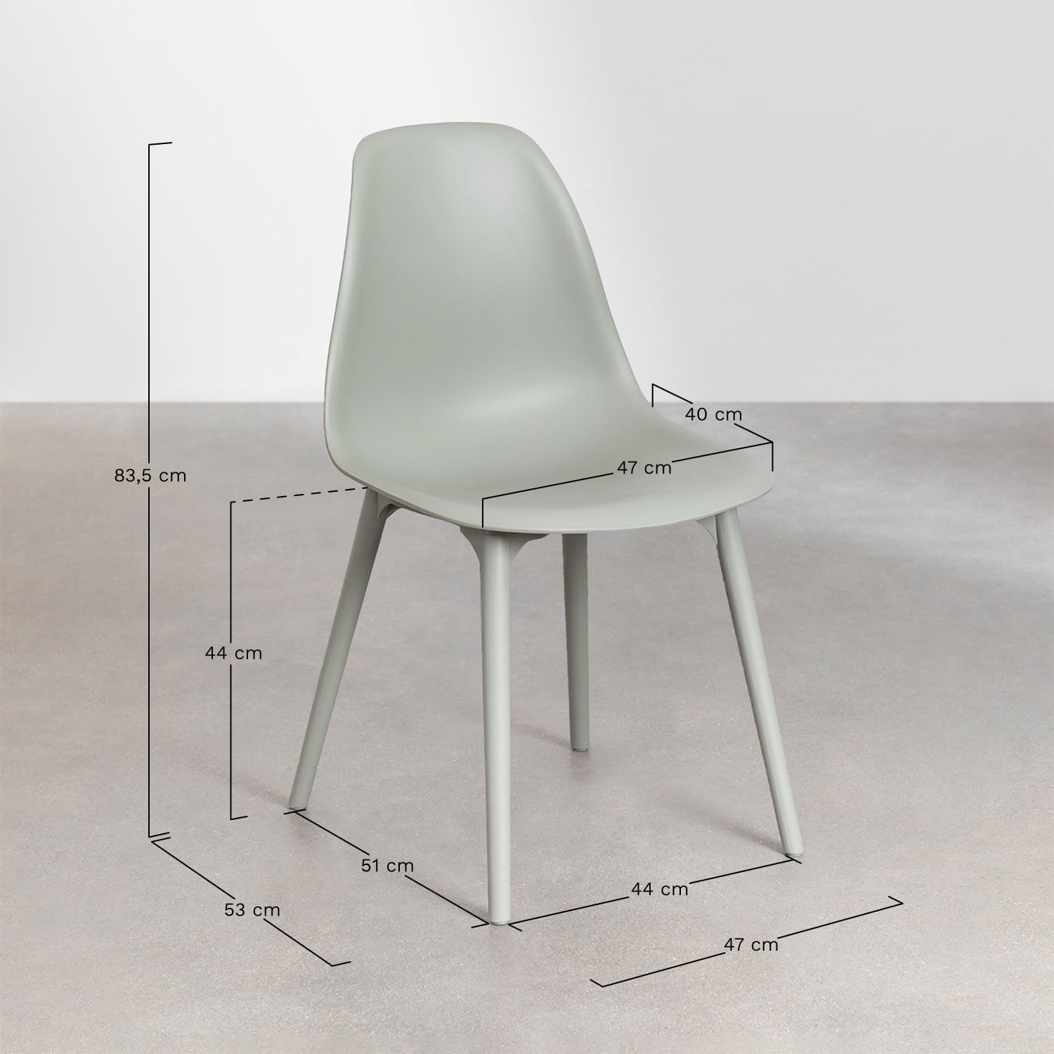 Set van vierkante tuintafel 85x85 cm en 4 stoelen van polypropyleen Scand, AFMETINGEN