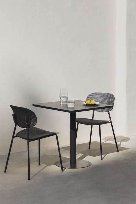 Set van vierkante tafel 70x70 cm Mizzi en 2 tuinstoelen van polypropyleen en ijzer Tupah
