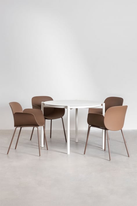Set van ronde tafel Ø110 cm in aluminium Elton en 4 tuinstoelen in polypropyleen en staal Lynette