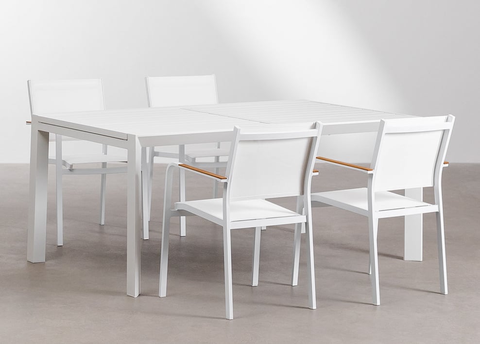 Rechthoekige uitschuifbare eettafel 180-240x100 cm Starmi en 4 stapelbare aluminium tuinstoelen Archer - Gardenia Wit