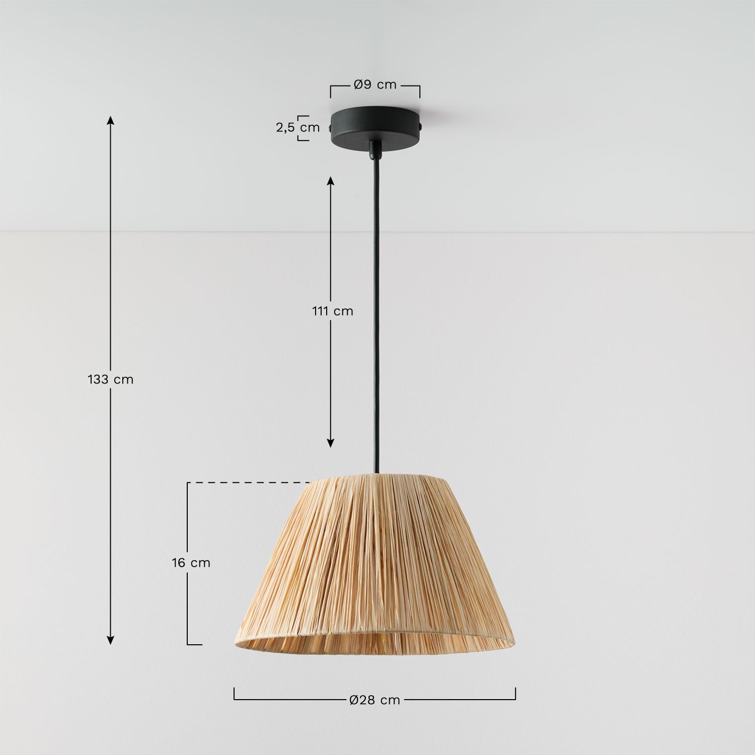 Aruel Raffia-plafondlamp, AFMETINGEN