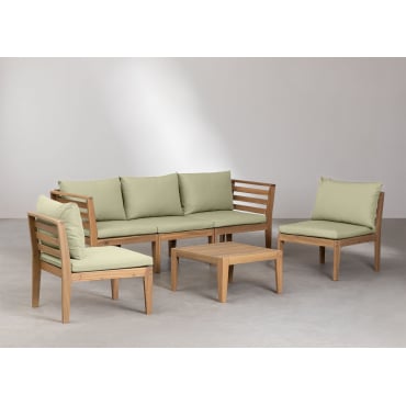 Tuinset Met 5-delige Modulaire Bank Met Armleuningen En Salontafel In Filips Acaciahout Groen – Khaki - Sklum