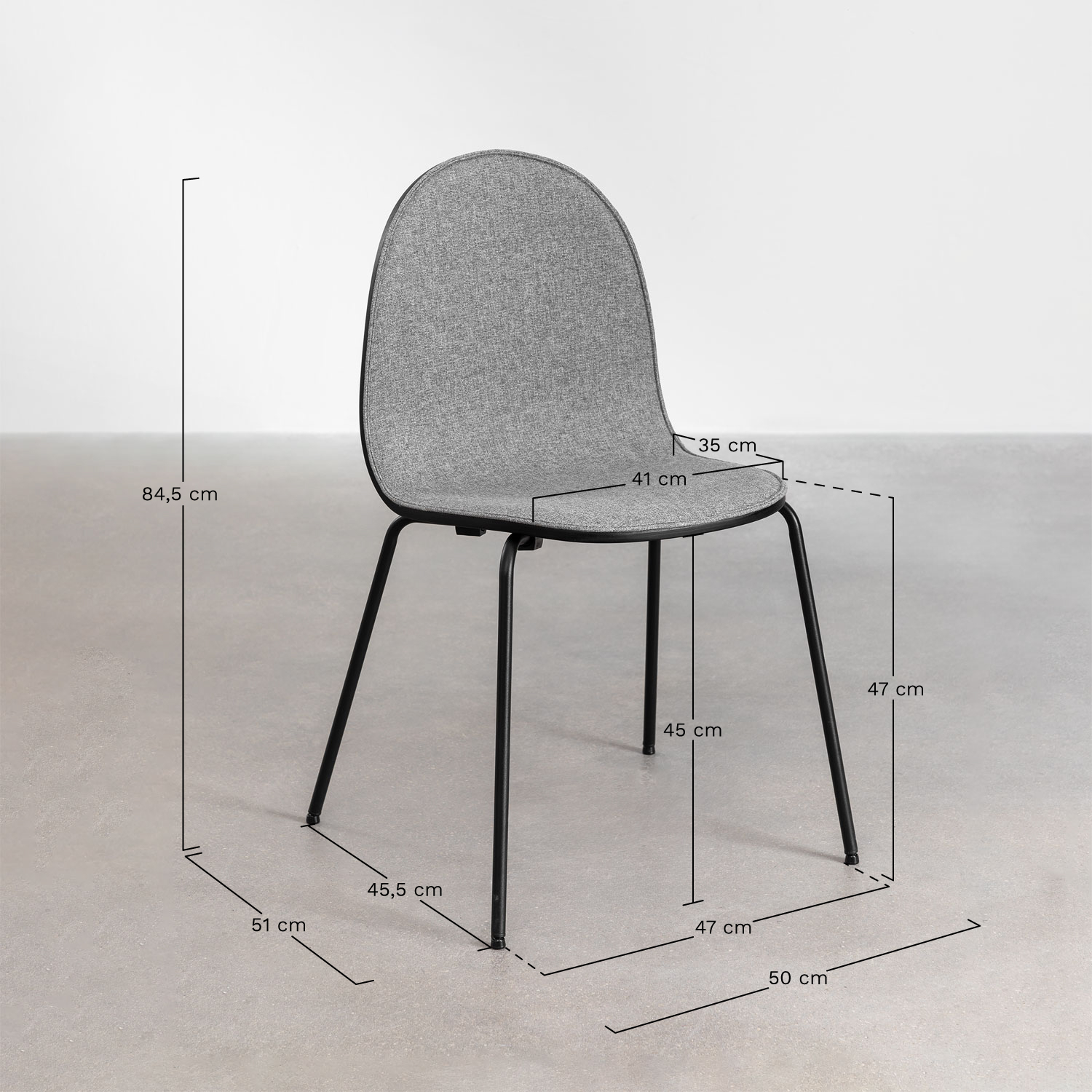 Set van 4 eetkamerstoelen in stof en staal Maeve, AFMETINGEN