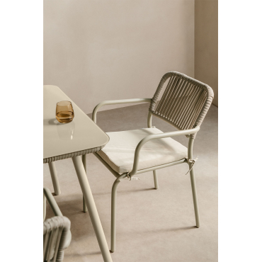 Pakket Van 6 Stapelbare Eetkamerstoelen Met Armleuningen Van Aluminium En Gevlochten Touw Arhiza Groen – Khaki - Sklum