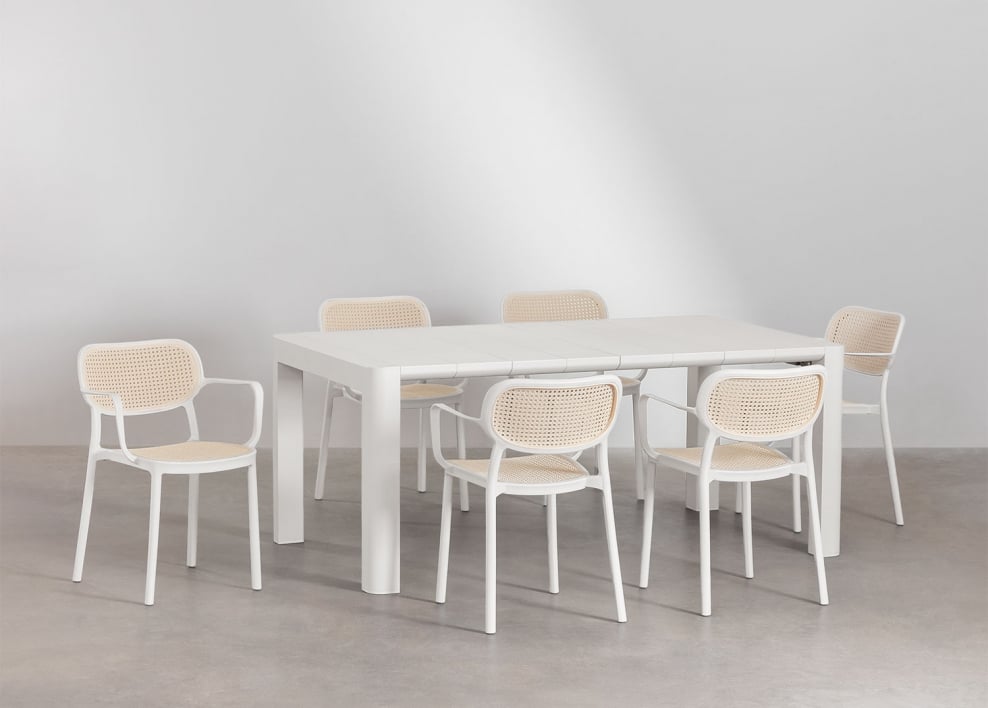 Set van rechthoekige tafel 180x100 cm Arnadine en 6 stapelbare tuinstoelen met armleuningen van polypropyleen Omara