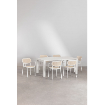 Arnadine Rechthoekige Tafelset (180x100 Cm) En 6 Stapelbare Eetkamerstoelen Met Omara Armleuningen Gardenia Wit - Sklum