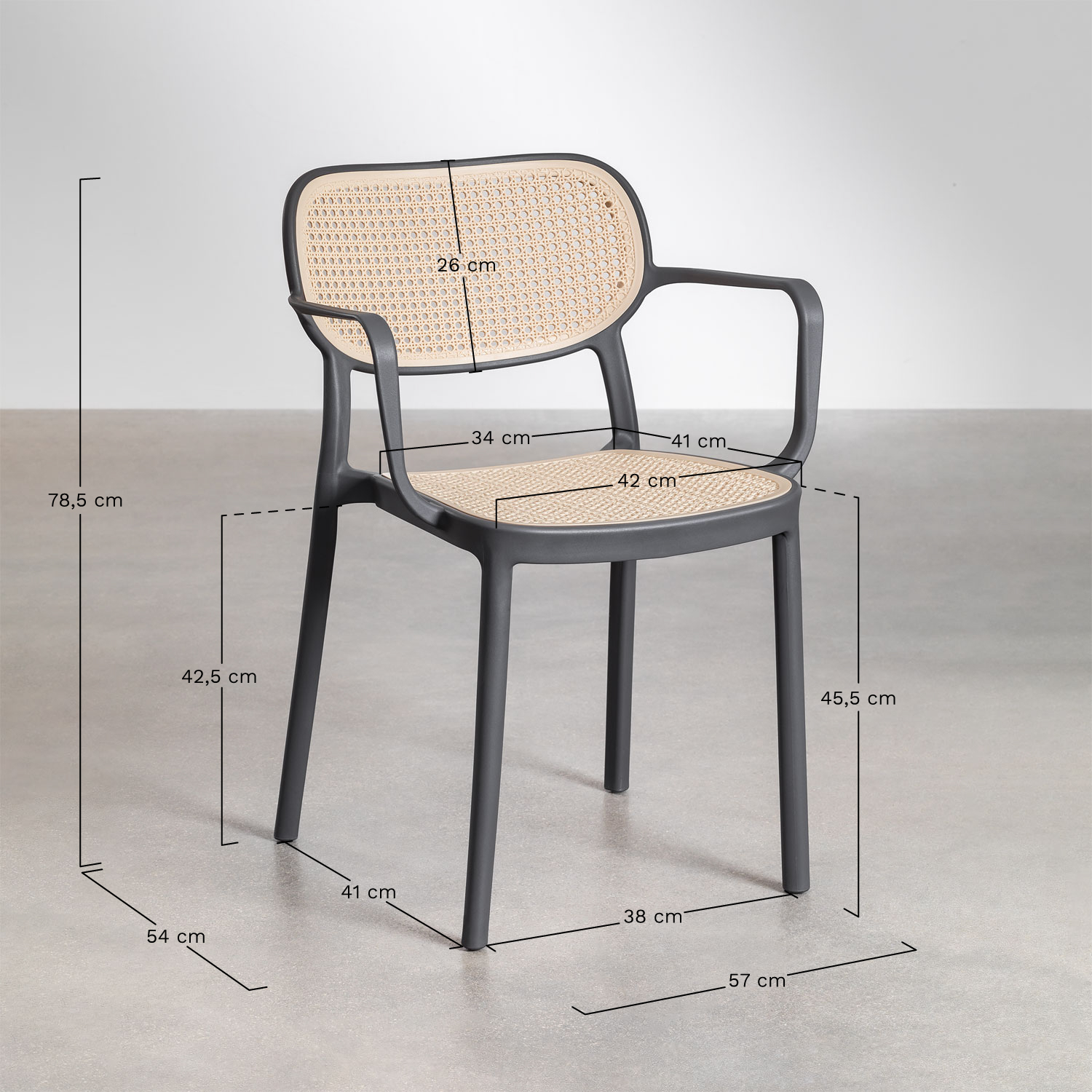 Arnadine rechthoekige tafelset (220x100 cm) en 8 Omara stapelbare tuinstoelen met armleuningen, AFMETINGEN