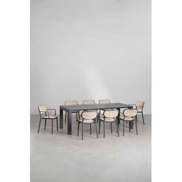 Arnadine Rechthoekige Tafelset (220x100 Cm) En 8 Stapelbare Eetkamerstoelen Met Omara Armleuningen Grijs – Grafiet - Sklum