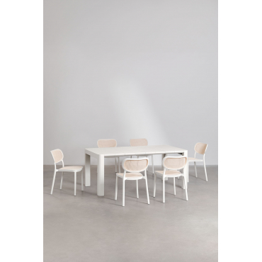 Arnadine Rechthoekige Tafelset (180x100 Cm) En 6 Omara Stapelbare Tuinstoelen Gardenia Wit - Sklum