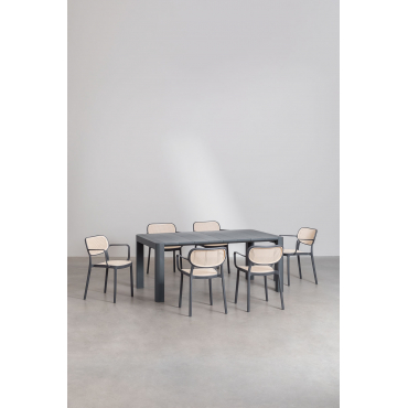 Arnadine Rechthoekige Tafelset (180x100 Cm) En 6 Stapelbare Tuinstoelen Met Omara-armleuningen Grijs – Grafiet - Sklum