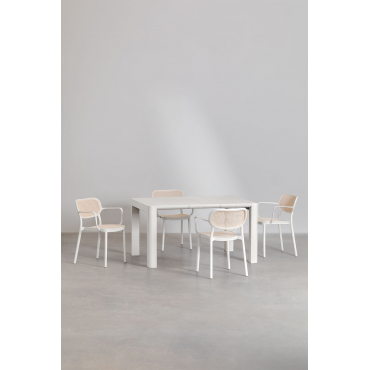 Arnadine Rechthoekige Tafelset (140x100 Cm) En 4 Stapelbare Eetkamerstoelen Met Omara Armleuningen Gardenia Wit - Sklum