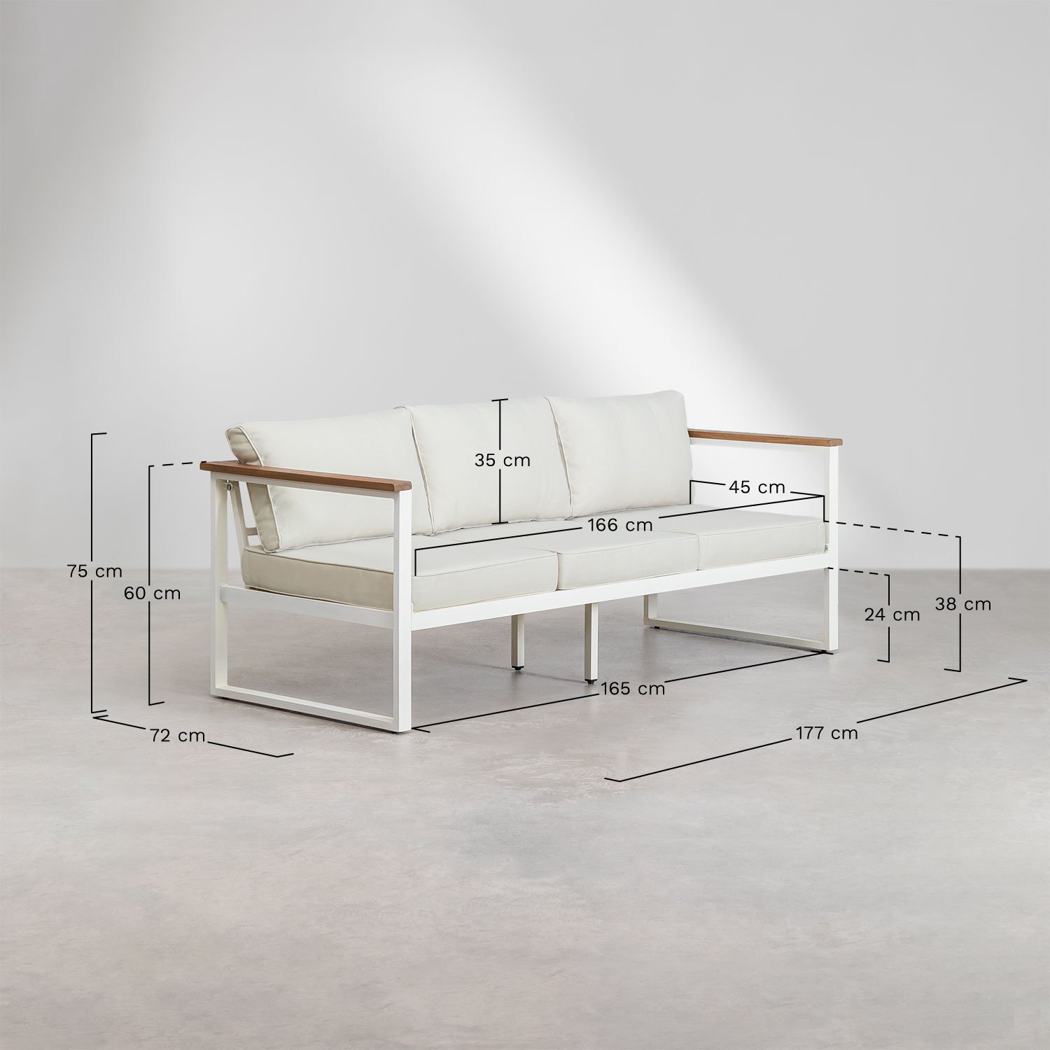 Lipov tuinset met 3-zitsbank en salontafel in aluminium en acaciahout 110x55cm, AFMETINGEN