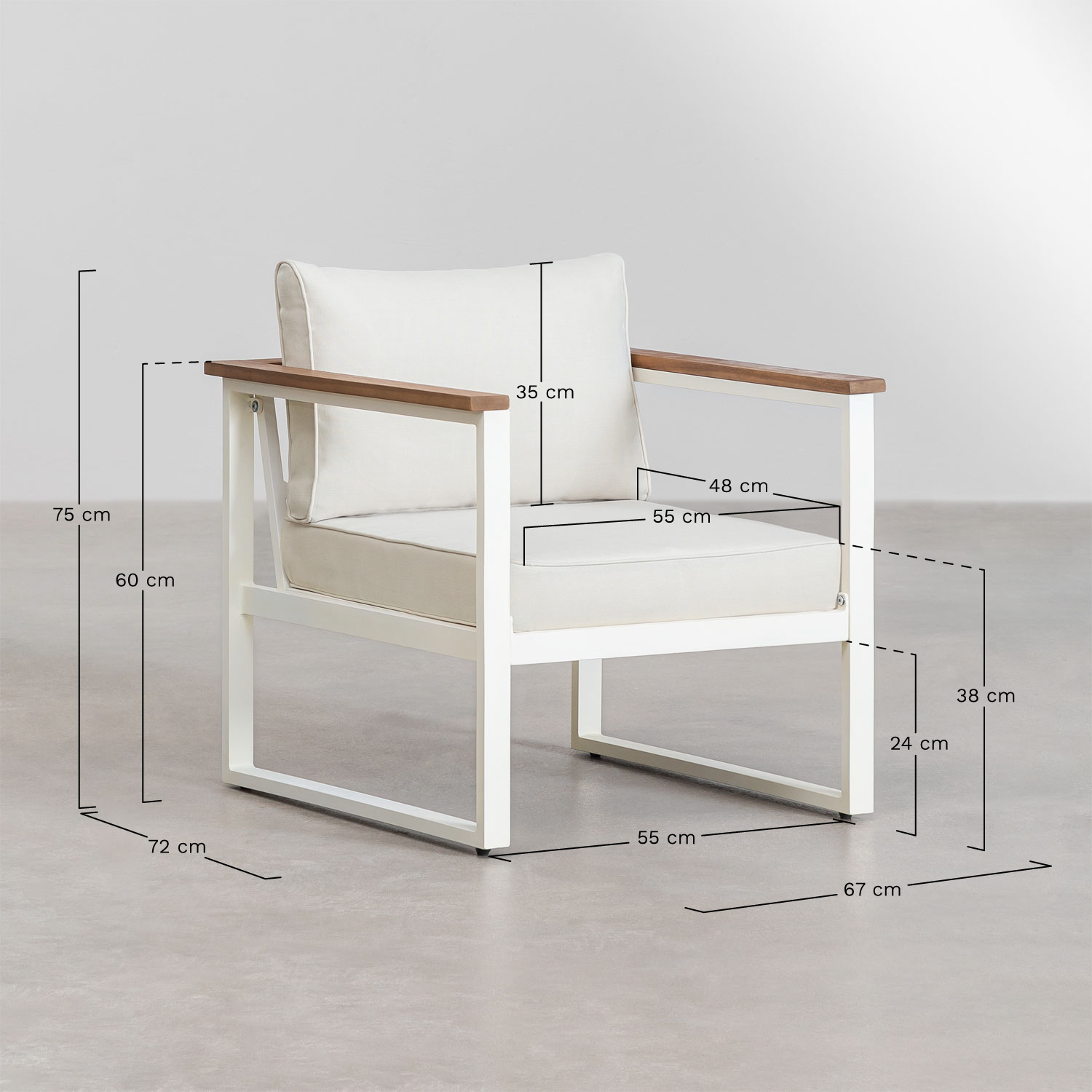 Tuinset met een 3-zitsbank, 2 fauteuils en een salontafel in aluminium en Lipov acaciahout., AFMETINGEN