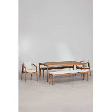 Rechthoekige Tafelset (200x100 Cm), 2 Banken En 2 Eetkamerstoelen Met Armleuningen In Eucalyptushout Aderyn Natuurlijk Hout - Sklum
