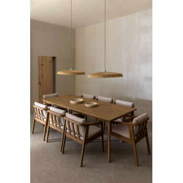Kaela Rechthoekige Tafelset (220x100 Cm) En 8 Acaciahouten Eetkamerstoelen Stof Gardenia Wit - Sklum