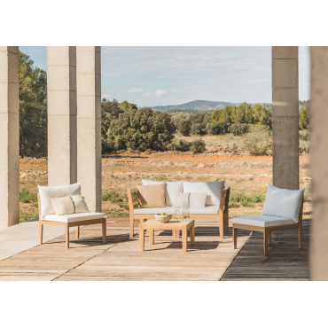 Tuinset Met 4-delige Modulaire Bank Met Armleuningen En Salontafel In Filips Acaciahout Gardenia Wit - Sklum